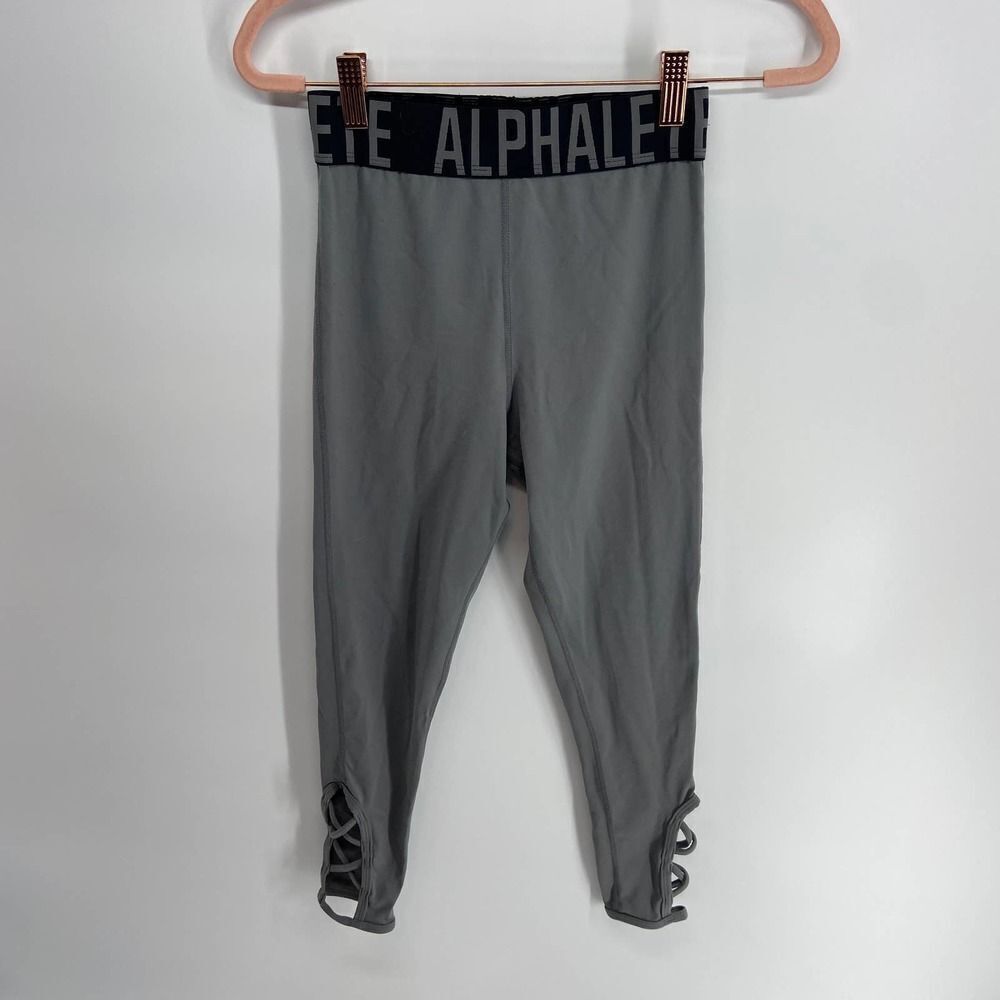 Alphalete gray cropped lattice mid rise athletic workout pant legging womens xs